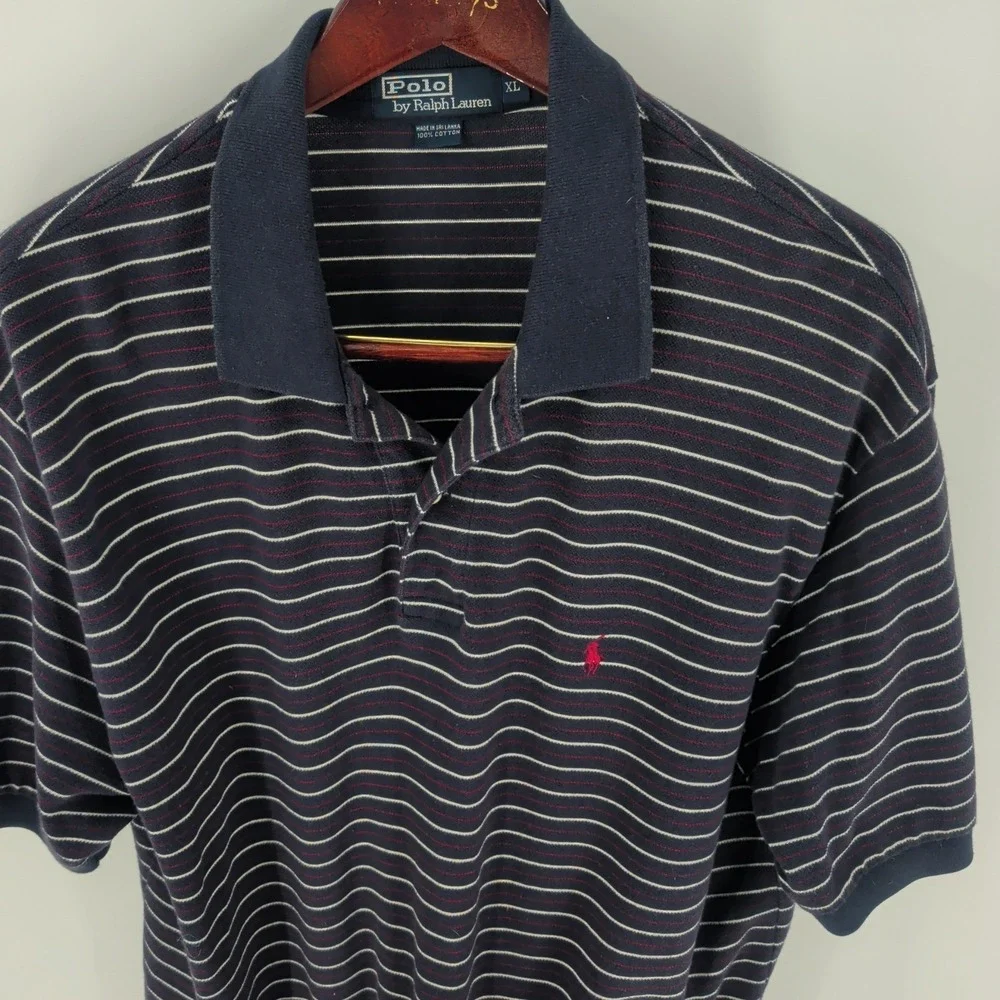 Vintage Polo By Ralph Lauren Striped Classic Golf Polo Shirt Navy Blue Size‎ XL